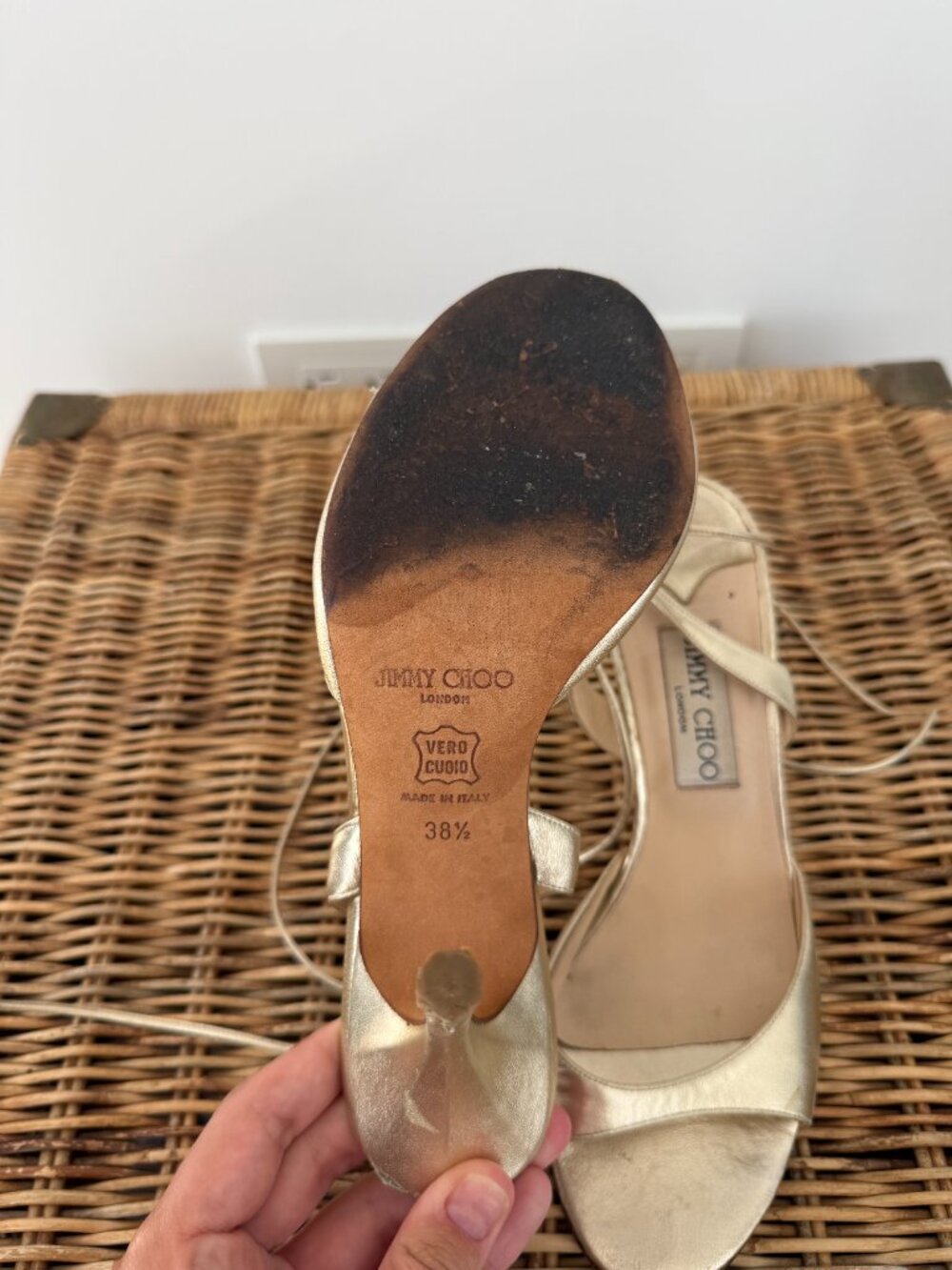 Jimmy Choo Gold Metallic Leather Lace Up Ankle Wrap Heels Size 38.5 - Picture 4 of 7